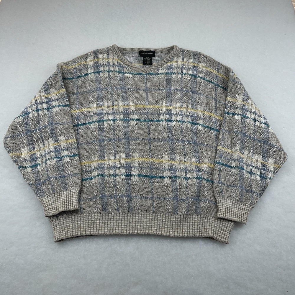 Conte Di Milano Sweater Gray Vintage Plaid Men's XL Made In Italy